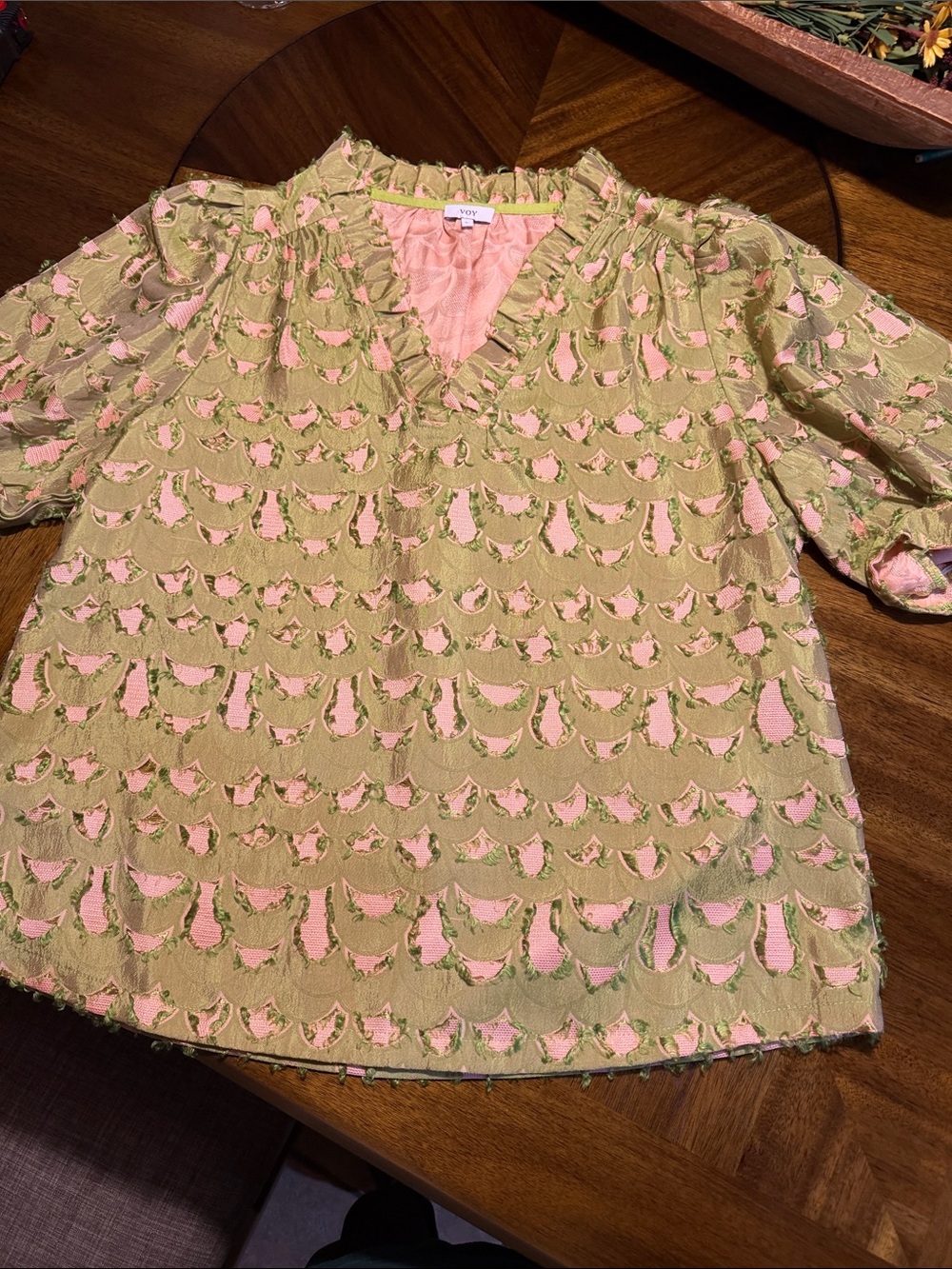 Textured Green and Pink V-Neck Top